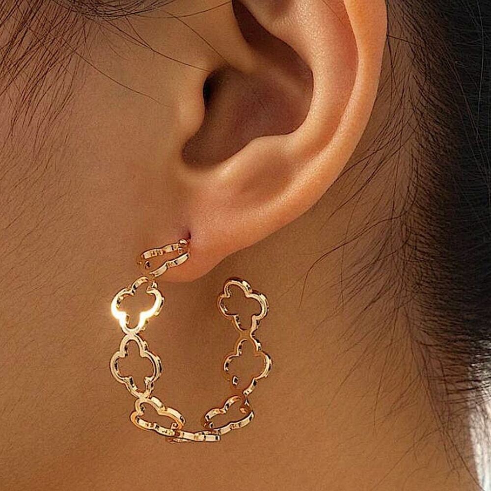 Gold Four Leaf Clover Hoop Earrings, Luxury Minimalist - Picture 1 of 5